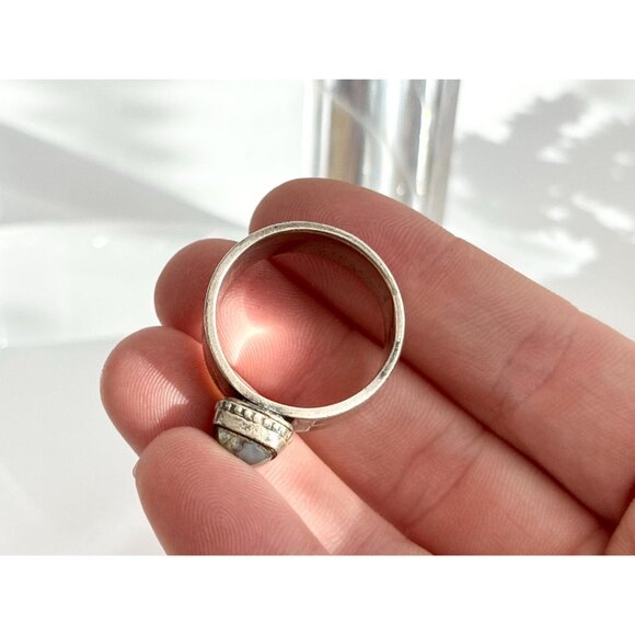 Jasper Gemstone Straight Banded Carved Pewter Statement Vintage Ring - sz 11 - Picture 13 of 13